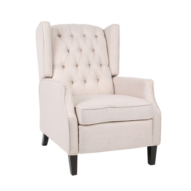 Pushback Recliner Chair, Strutted Legs, Beige Tufted Pleated Fabric - Benzara