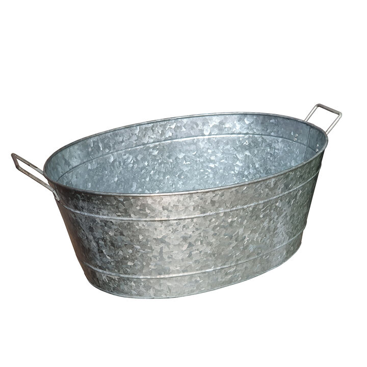 Embossed Design Oval Shape Galvanized Steel Tub with Side Handles, Small, Silver-Benzara