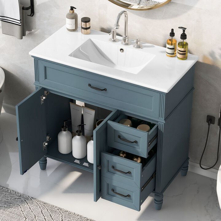 36" Bathroom Vanity with Sink, Blue Bathroom Cabinet with Drawers, Solid Frame and MDF Board