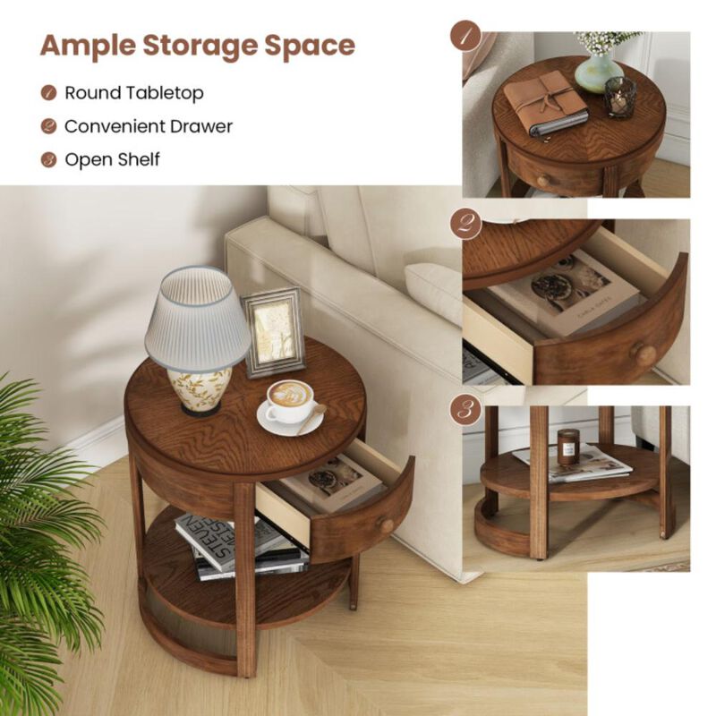 Hivvago 2-Tier Round End Table Mid Century Modern Nightstand with Drawer and Shelf