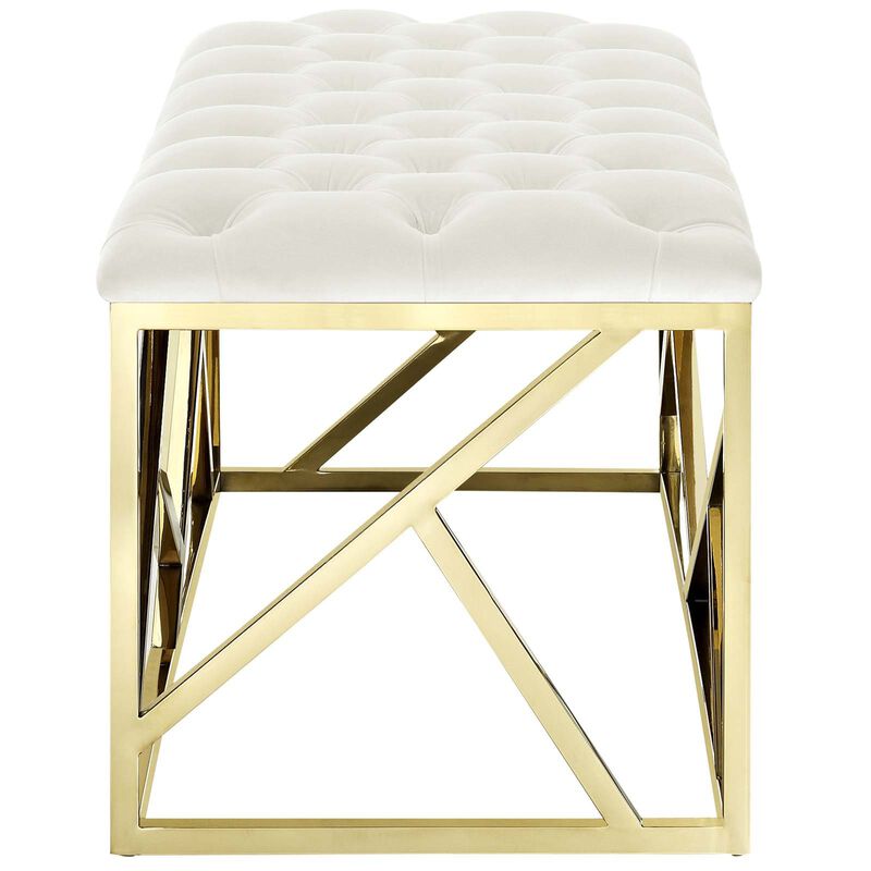 Modway Intersperse Tufted Modern Bench With Gold Stainless Steel Geometric Frame In Gold Ivory