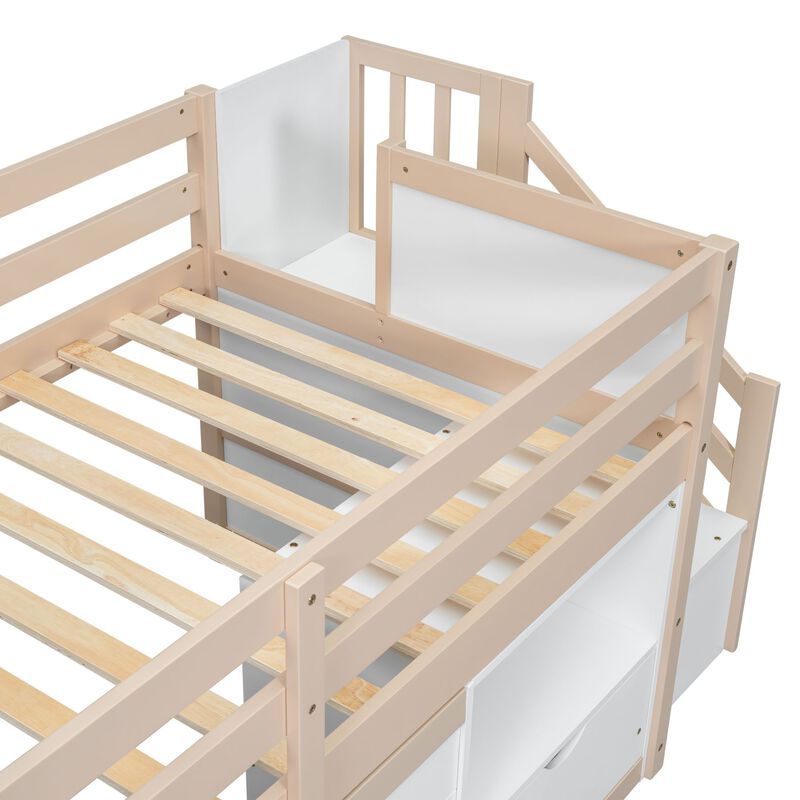Whisen Solid Wood Twin Size Low Loft Bed With Stair, Drawer And Shelf
