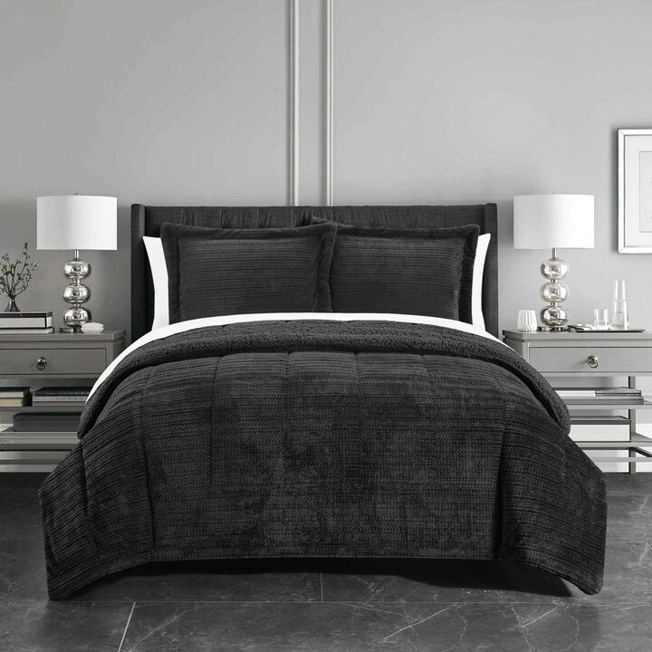 Chic Home Ryland Comforter Set Ribbed Textured Microplush Sherpa Bed In A Bag - Sheet Set Pillow Shams Included - 5-Piece - Twin XL 66x90", Black