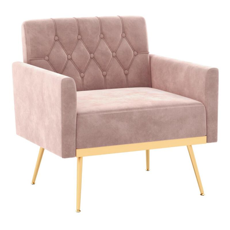Modern Velvet Accent Chair with Button Tufted Back Golden Metal Legs and Adjustable Foot Pads image number 0