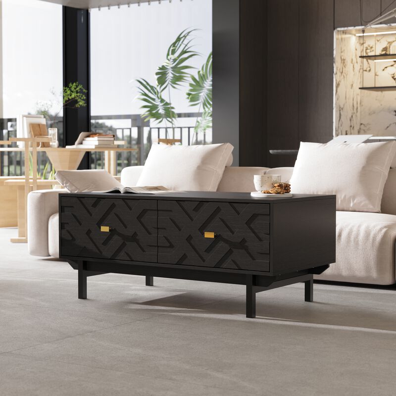 FUFU&GAGA Black Modern Coffee Table with 4-Drawer Storage, Wood Grain Top, 3D Textured Drawers, Gold Tapered Pulls (47.2" W x 23.6" D x 20.5" H)