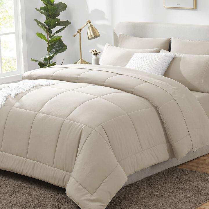 CozyLux Queen Comforter Set - 7 Pieces Bed in a Bag Set Oatmeal, Bedding Sets Queen with All Season Quilted Comforter, Flat Shee