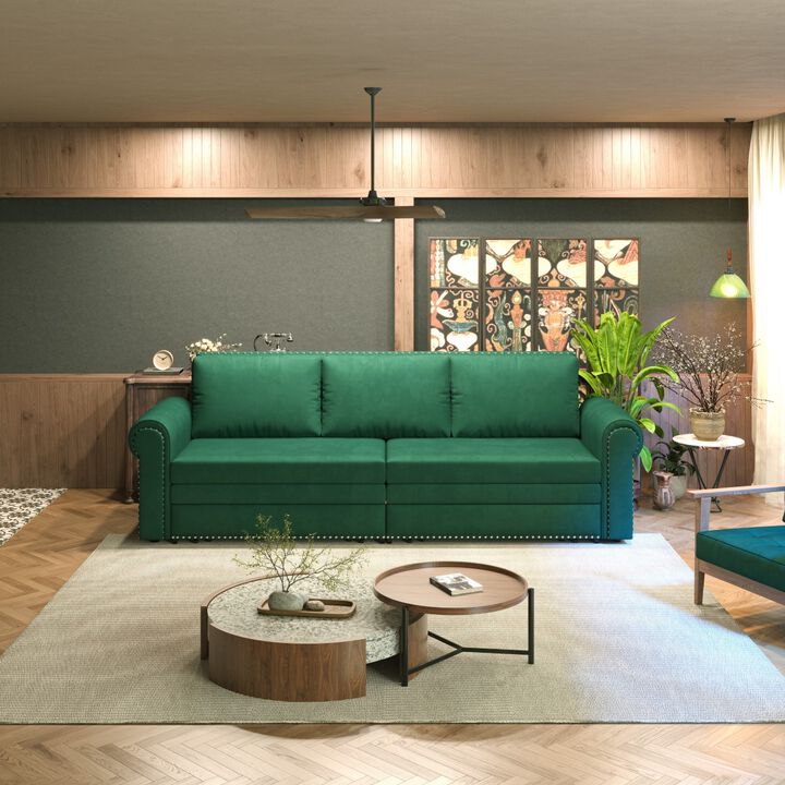 Gray King Size Sofa Bed Couch Pull Out Couch 3 In 1 Convertible Sleeper Sofa Bed Velvet Chesterfield Sofa With Nailhead Trim & Rolled Arm-Cuddlewood