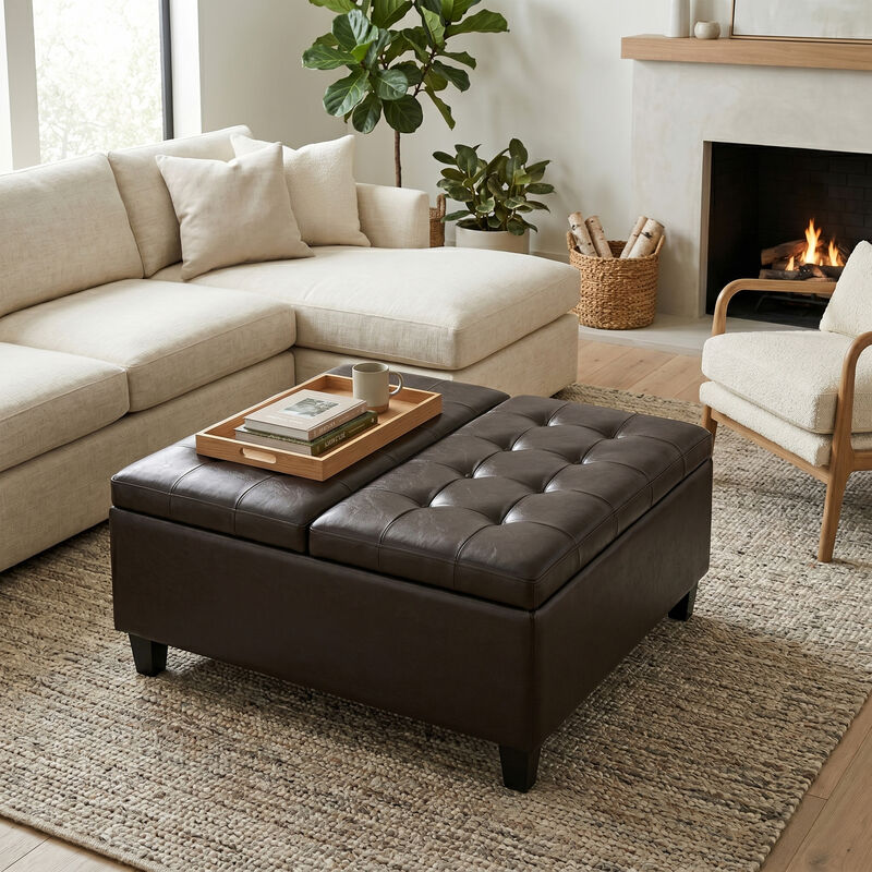 Harrison 36 inch Wide Transitional Square Coffee Table Storage Ottoman in Tanners Brown Vegan Faux Leather, Assembled image number 1