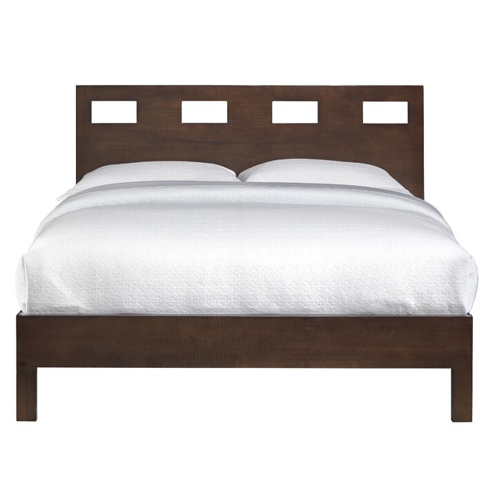 Yee Mahogany Wood Platform Queen Bed, Panel Cut Out Design, Dark Brown - Benzara