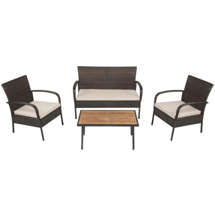 Hivvago 4 Pieces Patio Cushioned Wicker Conversation Set with Acacia Wood Tabletop