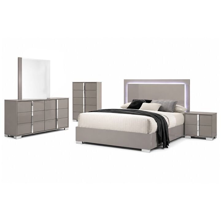 Suni 5pc Queen Bedroom Set w LED Headboard, Light Taupe Gray, Tall Dresser