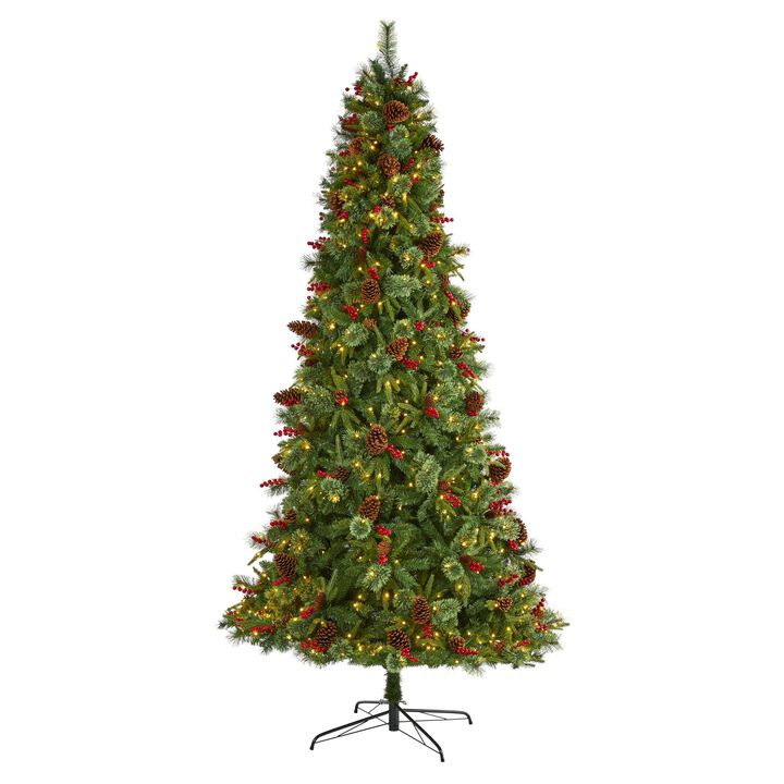 Nearly Natural 9-ft Norway Mixed Pine Artificial Christmas Tree with 650 Clear LED Lights, Pine Cones and Berries