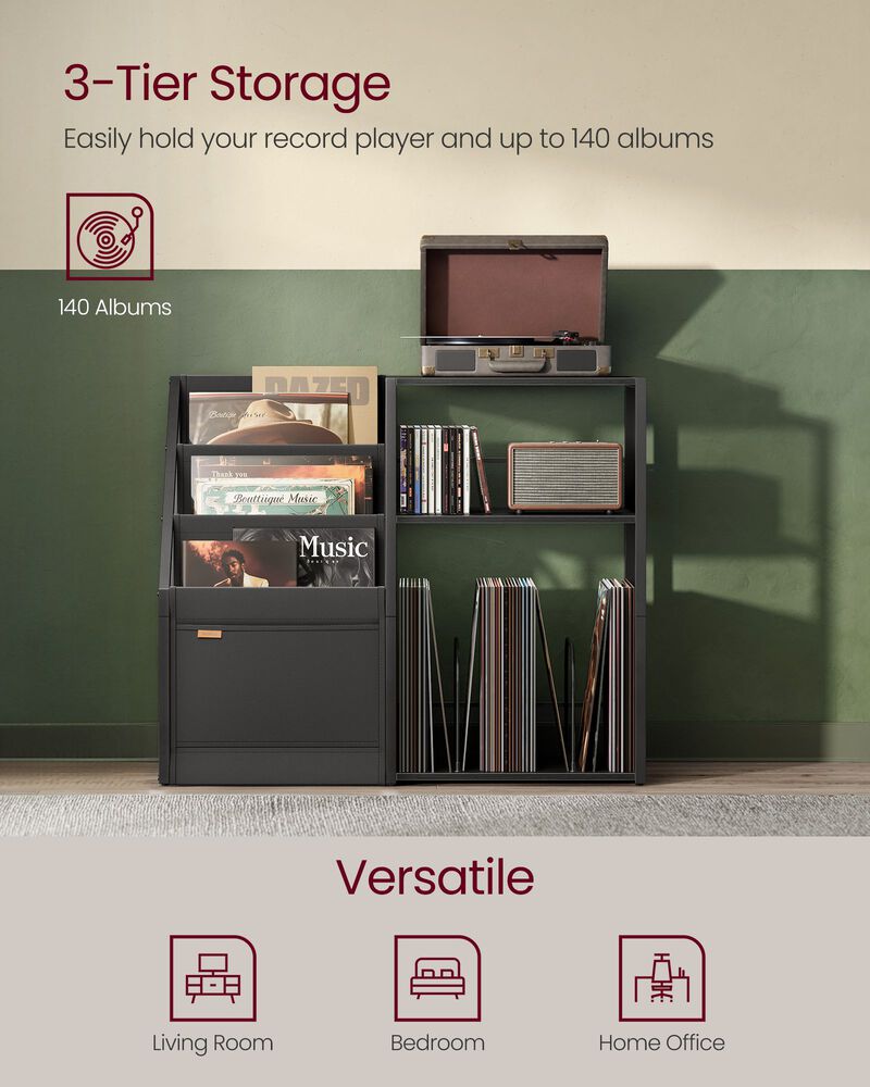 Multi-Level Record Stand &ndash; 3-Tier Vinyl Storage Table for Turntable Setup and 140 Album Capacity