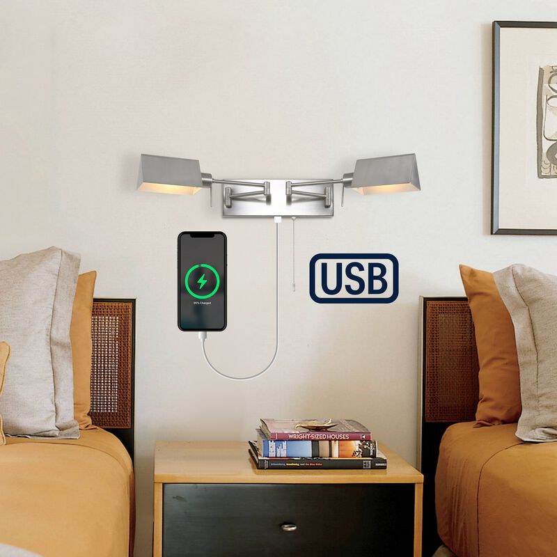 Arlo 54" 2-Light Farmhouse Industrial Double Swing Arm Iron LED Wall Sconce with Pull-Chain USB Charging Port