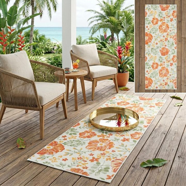HomeRoots Floral Stain Resistant Indoor Outdoor Runner Rug