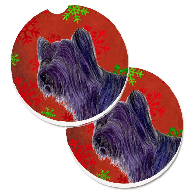Caroline's Treasures Skye Terrier Red green Snowflake Holiday Christmas Set of 2 Cup Holder Car Coasters SS4670CARC, 2.56, Multicolor image number 0