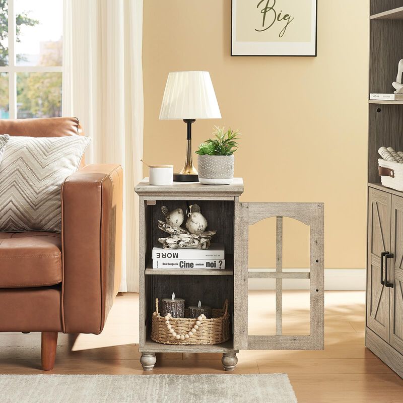 Narrow Side Table Set of 2,Farmhouse Nightstand with Charging Station,End Table with Glass Barn Door Storage, Cabinet Organizer