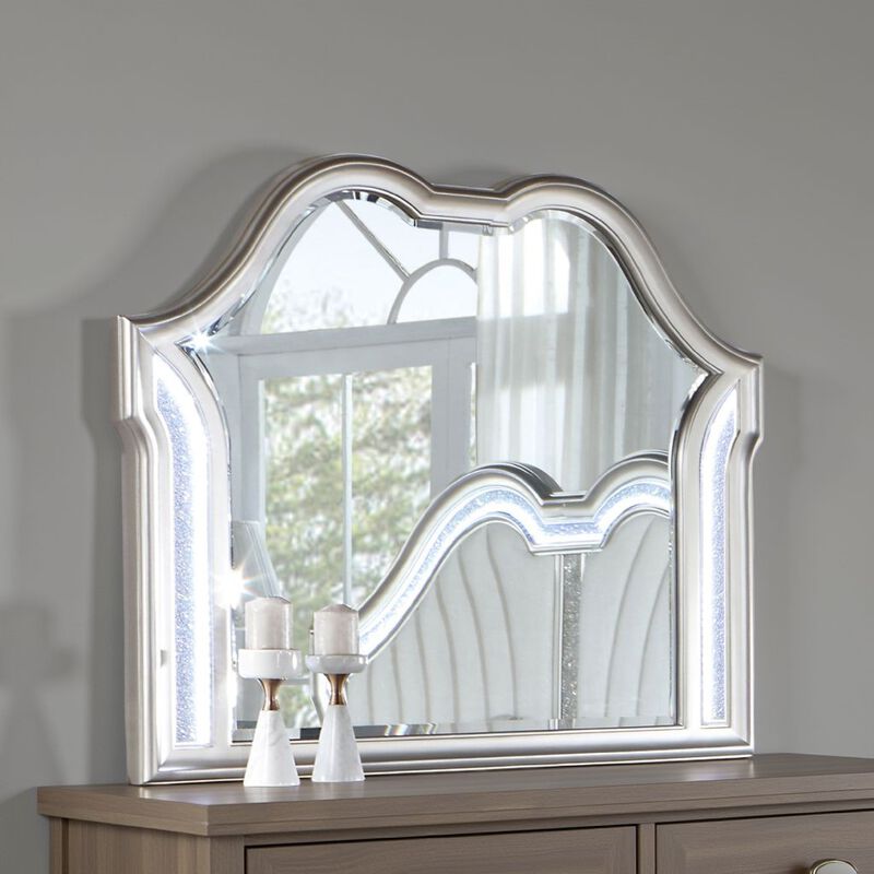 Nive Dresser Mirror, Silver Wood Frame, Double Arch Top, 40 Inch - Benzara