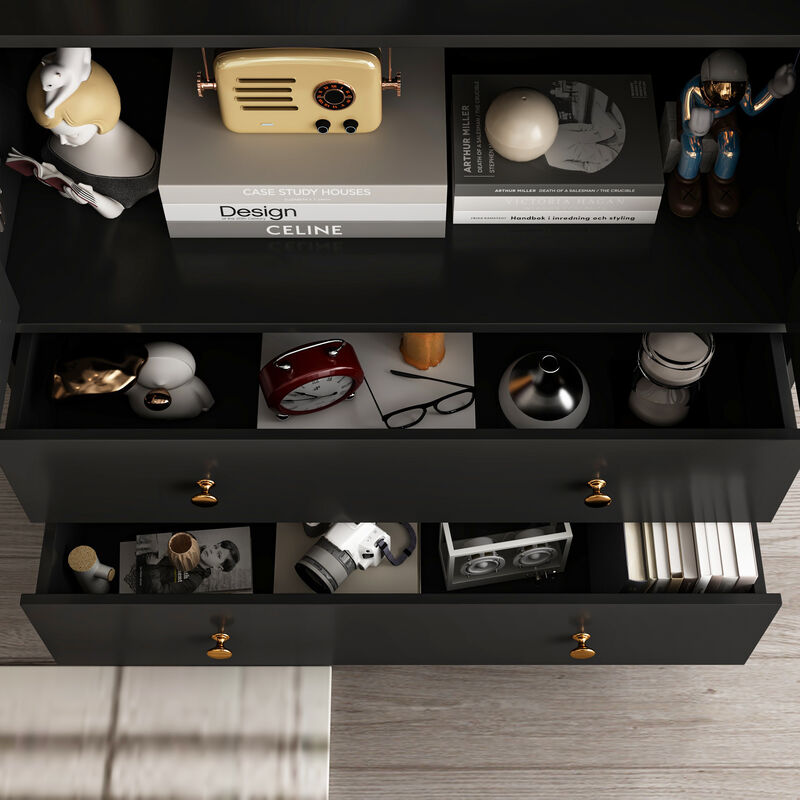 FUFU&GAGA Modern Bookcase with Glass Doors, 3 Fixed Shelves, and Spacious Drawers, Elegant Storage Cabinet for Living Room, Office, and Bedroom (70.1"H x 31.5"W x 15.4"D) image number 8