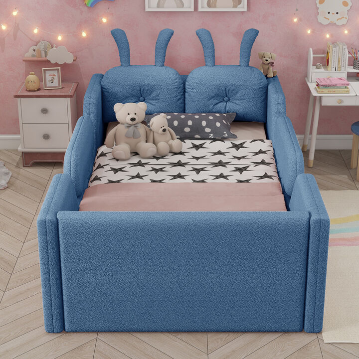 Whisen Twin Size Upholstered Floor Bed with Rabbit Cushion, Kids Platform Bed with Removable Side Rails