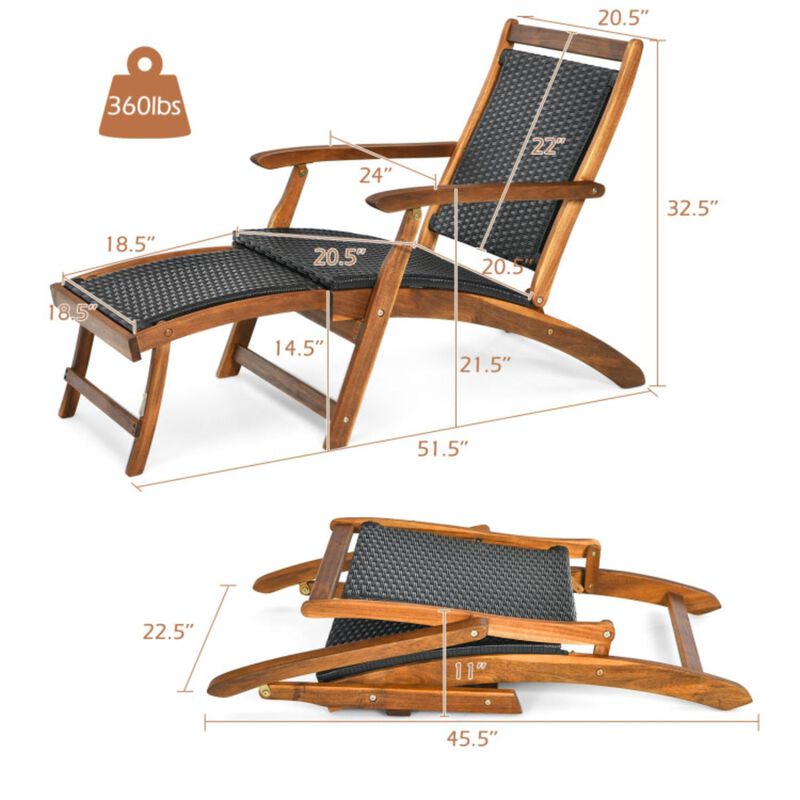 Hivvago Patio Rattan Folding Lounge Chair with Acacia Wooden Frame Retractable Footrest