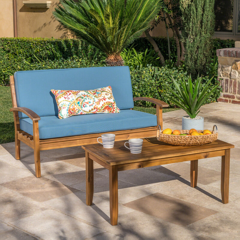 Merax Outdoor Loveseat Set with Side Table - Acacia Wood Patio Furniture, Water-Resistant Cushions, Compact Conversation Set for Deck/Garden
