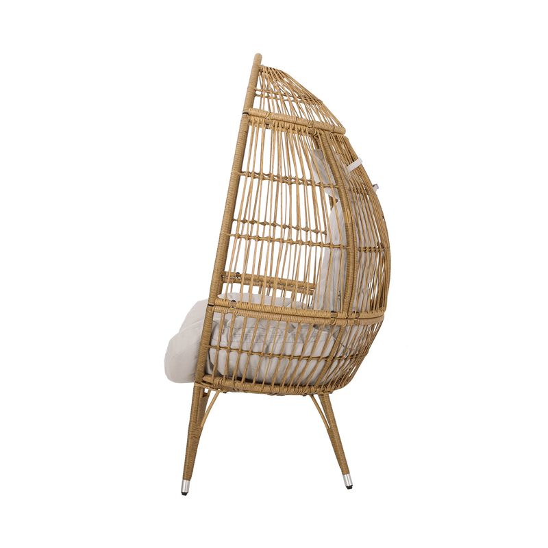 Outdoor Accent Chair, Teardrop Cocoon w Beige Pillow, Brown PE Rattan - Benzara