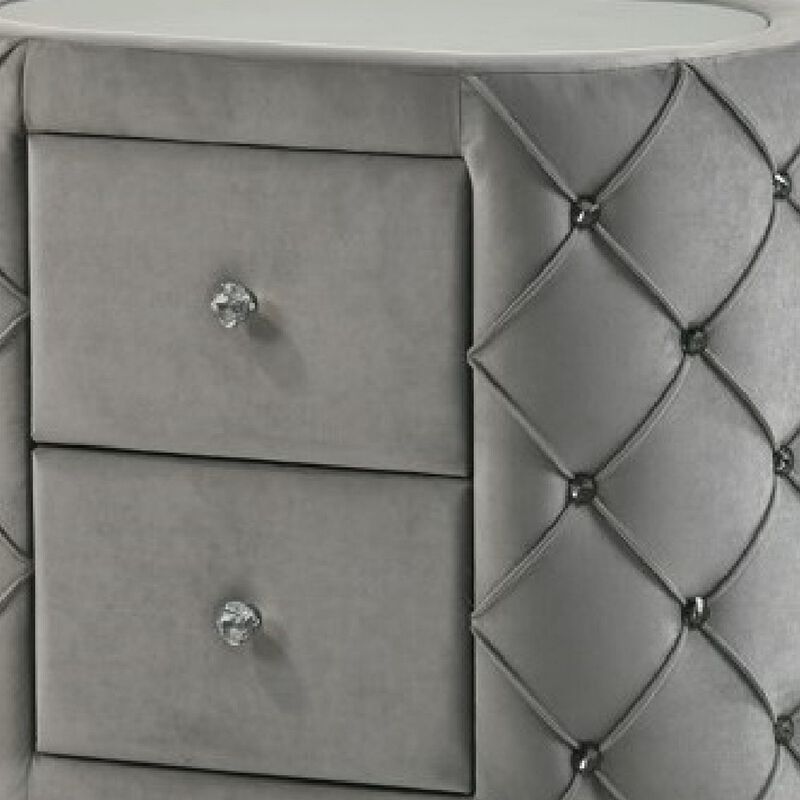 Jill 29 Inch Oval Nightstand, Tufted Velvet Upholstery, 2 Drawers, Grey-Benzara image number 2