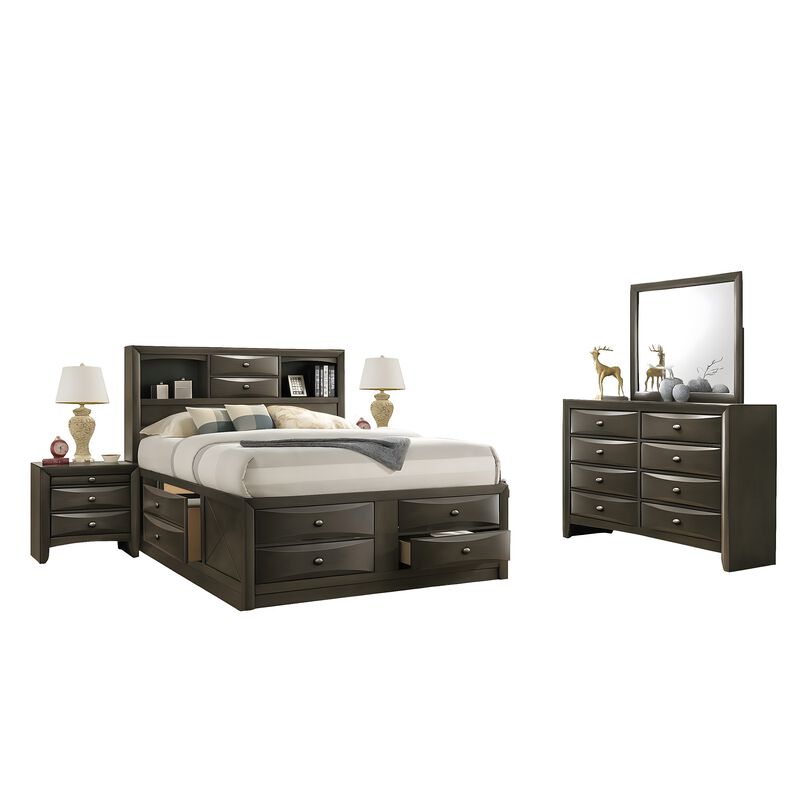 Simo 5pc Queen Bedroom Set w Bookcase Headboard, 2 Nightstands, Gray image number 0