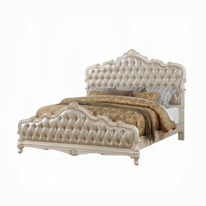 Classy Traditional Style Queen Bed, Gold  And White - Benzara