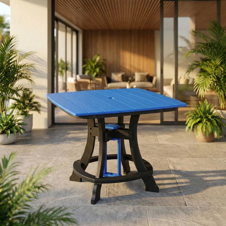 Outdoor Escape Blue Outdoor Square Dining Table, Black Base, Polyethylene Construction