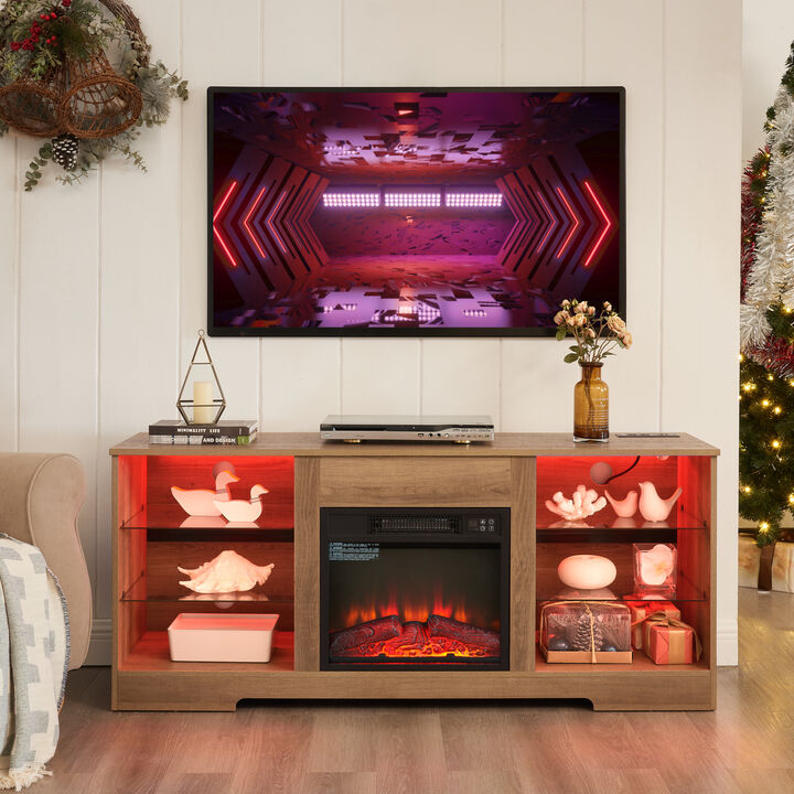 GOODSILO Modern Electric Fireplace TV Stand with Glass Shelves and LED Lighting for Home Entertainment Centers