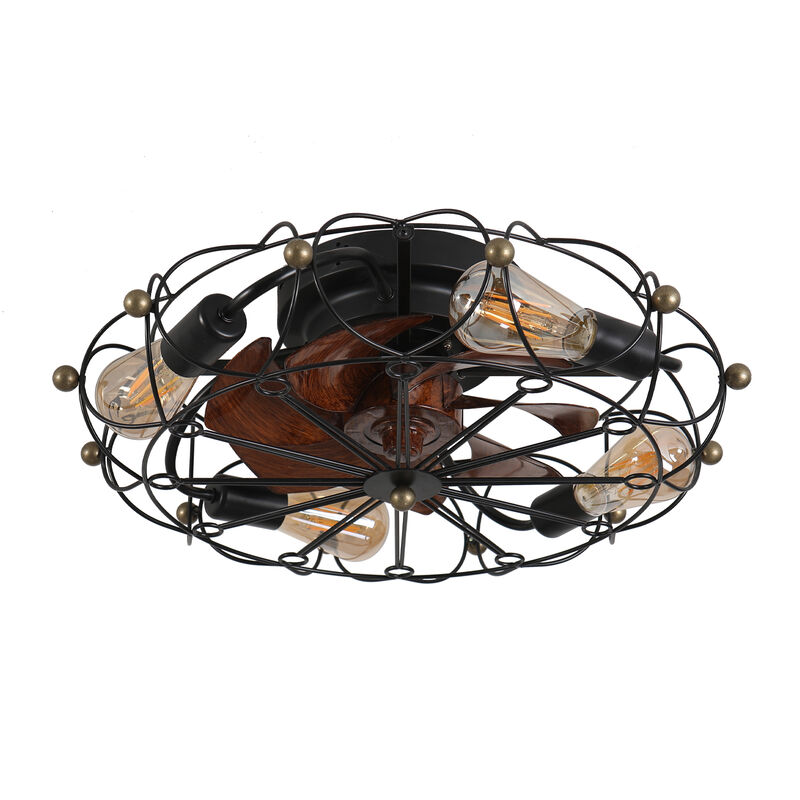 20" Low Profile Caged Ceiling Fan with Lights & Remote &ndash; Industrial Rustic Flush Mount Fan image number 0