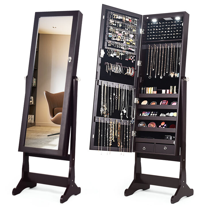 Lockable Mirrored Jewelry Cabinet with Stand and Led Lights