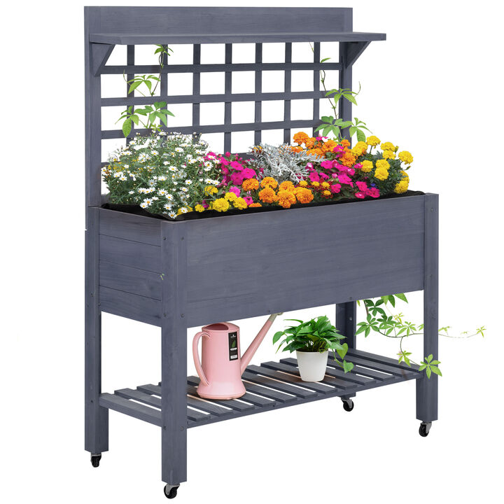 Outsunny 41" Raised Garden Bed with Trellis on Wheels, Wooden Elevated Planter Box with Legs and Bed Liner, for Flowers, Herbs & Vegetables, Gray