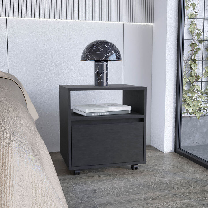 DEPOT E-SHOP Wasilla Nightstand with Open Shelf, 1 Drawer and Casters