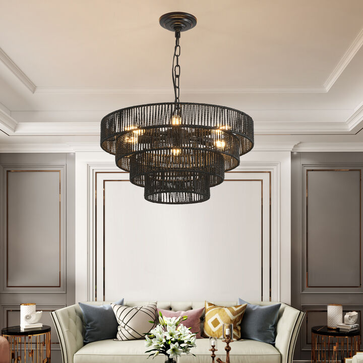 ELEMENT ACE Unique 4-Tier Hemp Rope Pendant Light Chandelier with Multi-Level Design for Ambient Dining Room or Kitchen Illumination