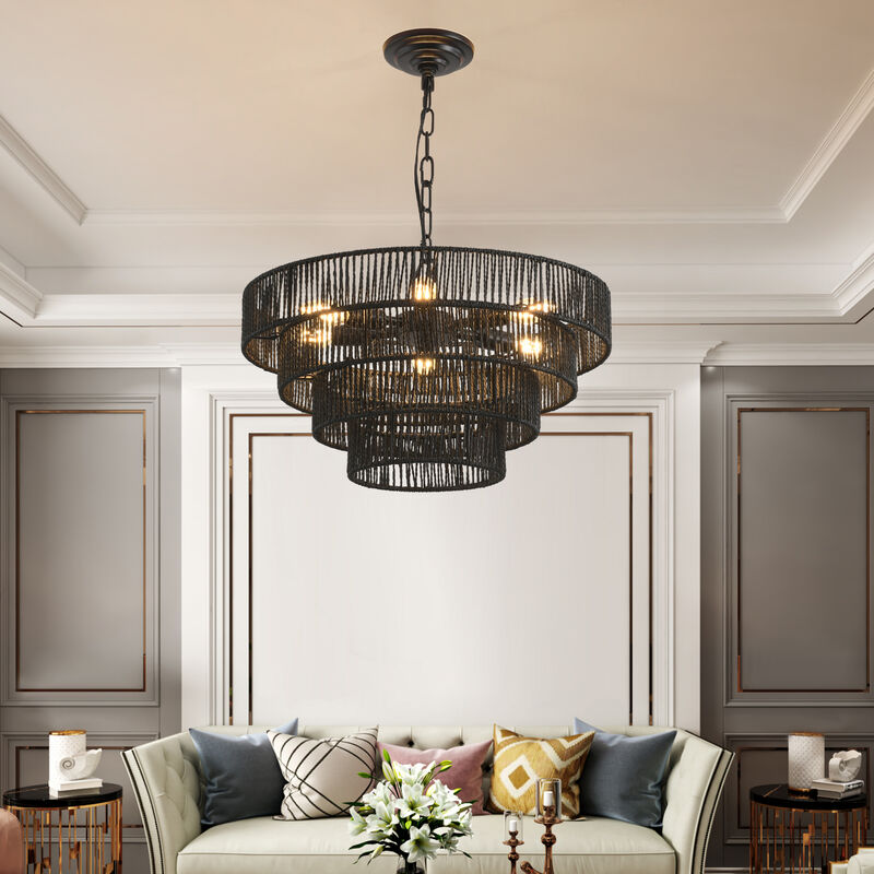 ELEMENT ACE Unique 4-Tier Hemp Rope Pendant Light Chandelier with Multi-Level Design for Ambient Dining Room or Kitchen Illumination image number 1