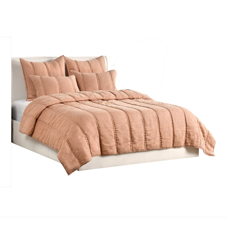 Rawi King Size Quilt, Clay Linen Like Ramie Fabric, Channel Stitching - Benzara