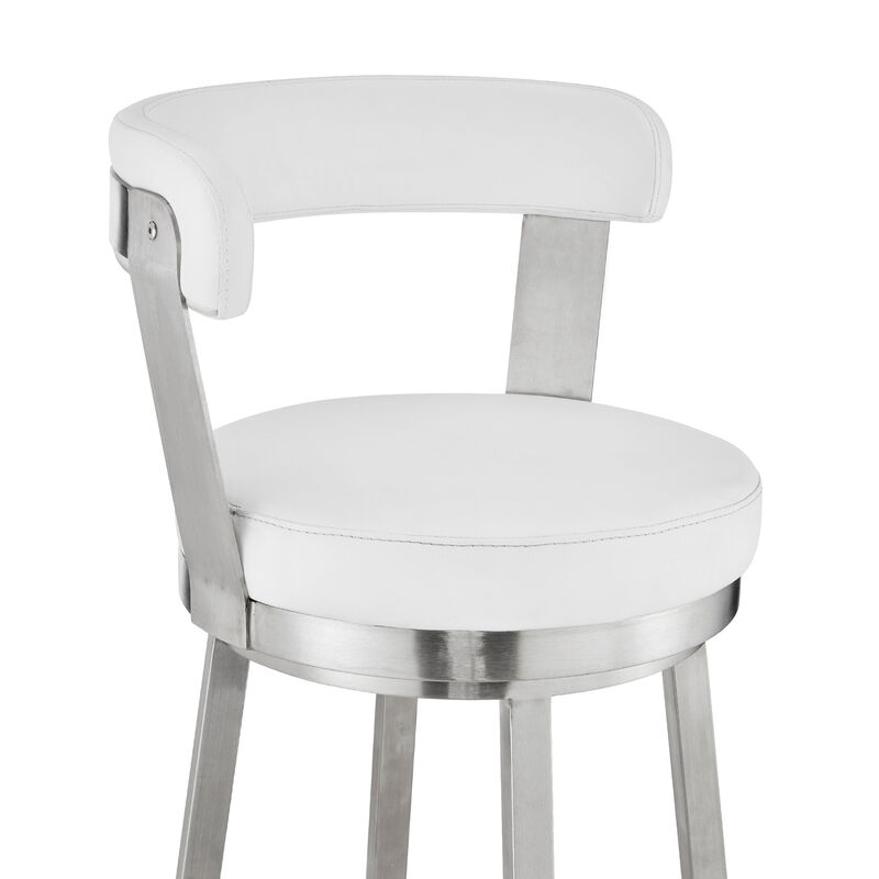 Kobe Bar Height Swivel Bar Stool in Brushed Stainless Steel Finish and White Faux Leather image number 5