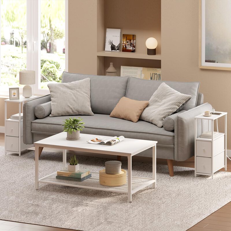 TUTOTAK Small Narrow End Table with Charging Station, Set of 2, Side Table with Outlets, Nightstand with 2 Cloth Drawers, Couch