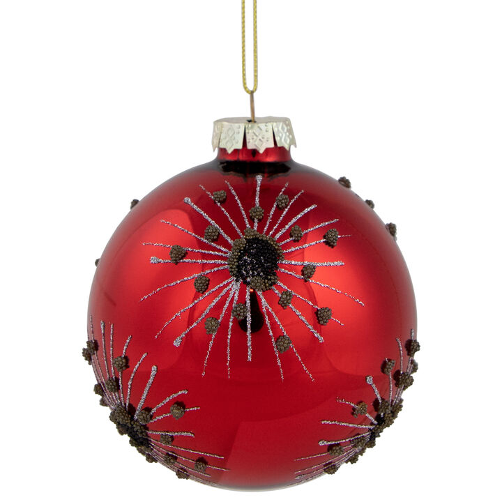 3.5" Red and Brown Beaded Bursting Snowflake Glass Christmas Ball Ornament