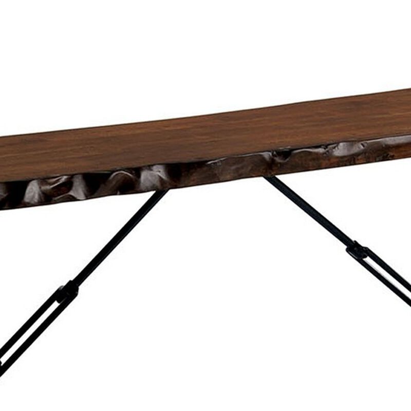 Rectangular Metal Frame Bench with Wooden Seat, Black and Brown-Benzara