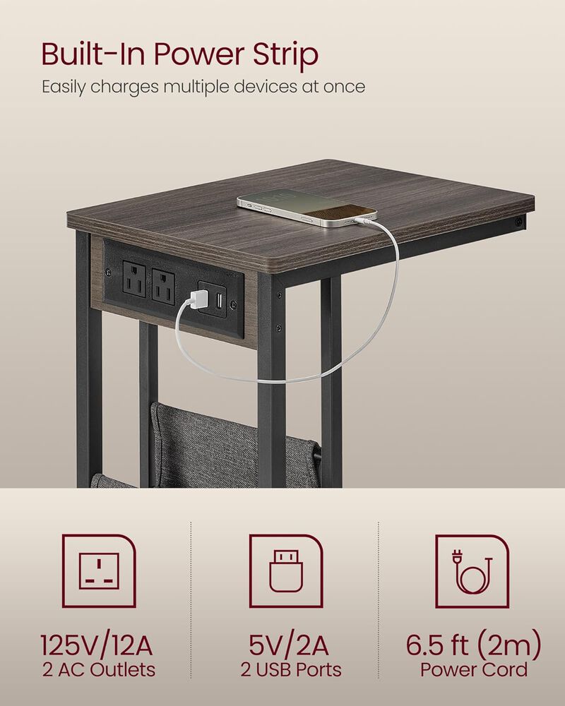 C-Shaped Side Table, End Table with Charging Station, 2 USB Ports and Outlets image number 3
