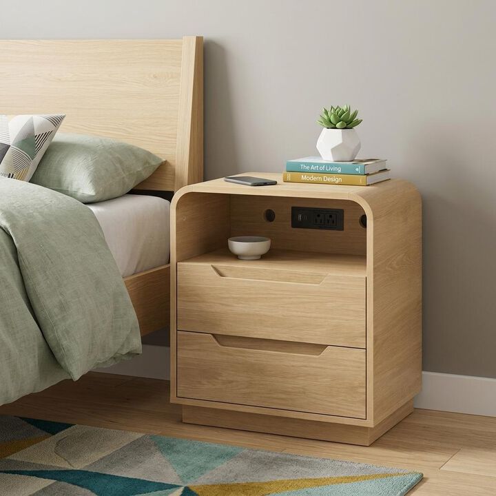HomeRoots Ashen Fold Wood Two Drawer Nightstand with USB Port and Integrated Tech