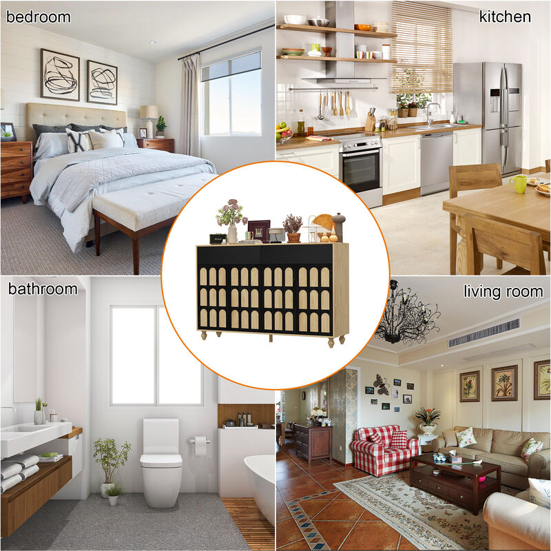 FUFU&GAGA Black and Natural Arch-Design Storage Cabinet with Dual Swing Doors (59" W x 39.3" H x 15.7" D)，Brown