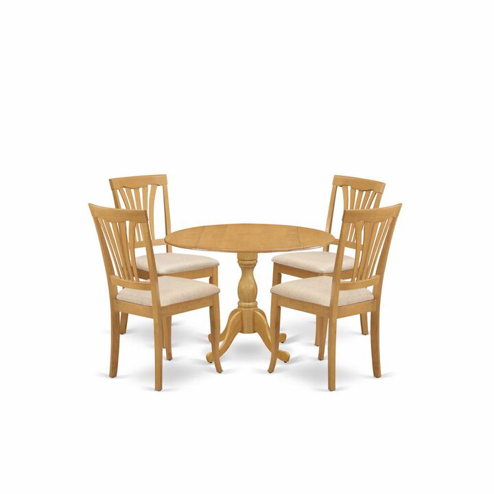 East West Furniture DMAV5-OAK-C 5 Piece Dining Room Set - Oak Dining Room Table and 4 Oak Linen Fabric Kitchen & Dining Room Chairs with Slatted Back- Oak Finish