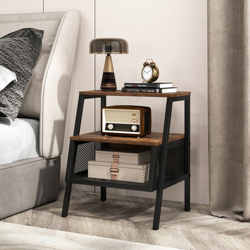 3-Tier Bedside Tables Set of 2 with Open Shelves and Metal Mesh Storage image number 5