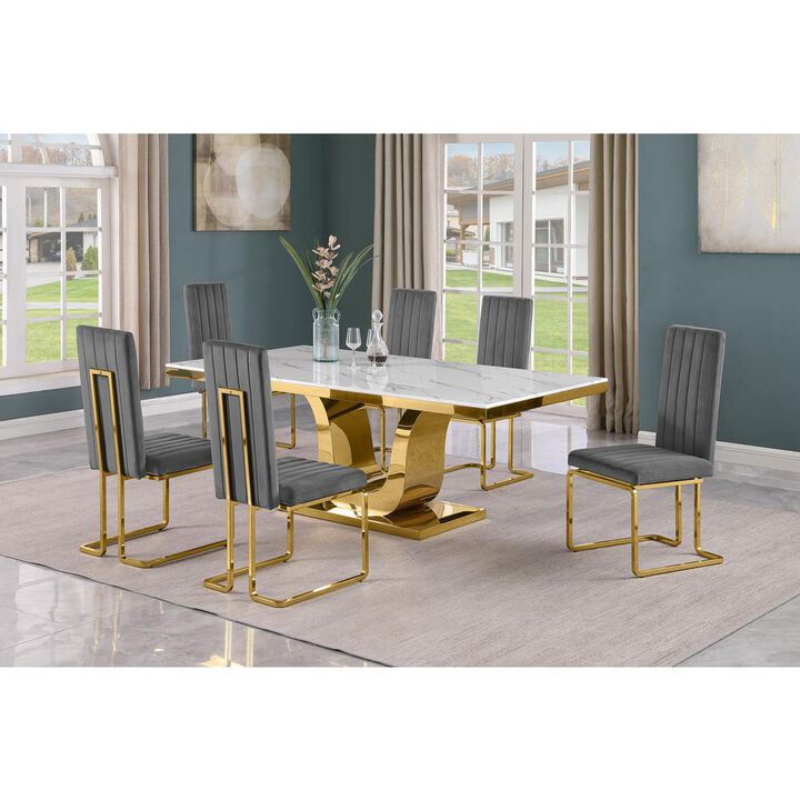 7pc Large(76") marble top dining set with gold base and 6 Dark grey side chairs