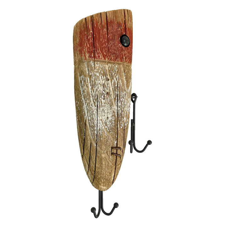 Rustic Wooden Fishing Lure Wall Hook &ndash; Distressed Wood & Metal Double Hooks, 14 Inch Coastal Nautical Decor, Entryway Key Hat Leash Holder, Cabin Lake House Farmhouse Wall Mounted Organizer